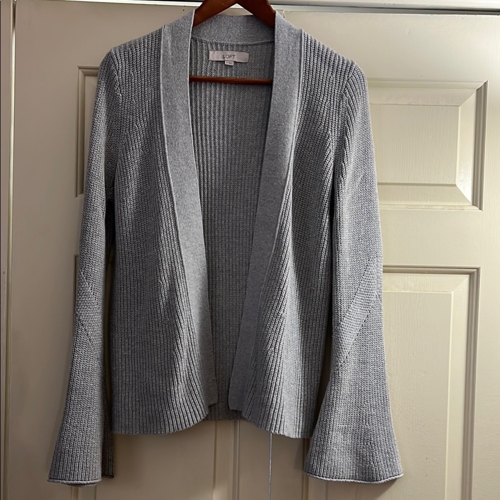 LOFT Heather Gray Chunky Ribbed Open Front Cardigan with Bell Sleeves